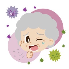 咳をする高齢女性とウイルスのイラスト