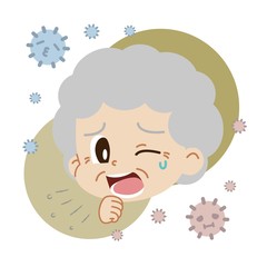 咳をする高齢女性とハウスダストのイラスト