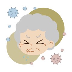 クシャミをしている高齢女性とハウスダストのイラスト