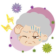 頭痛を患っている高齢女性とウイルスのイラスト