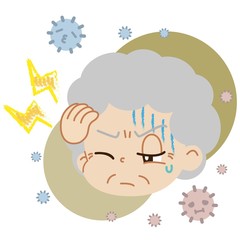 頭痛を患っている高齢女性とハウスダストのイラスト