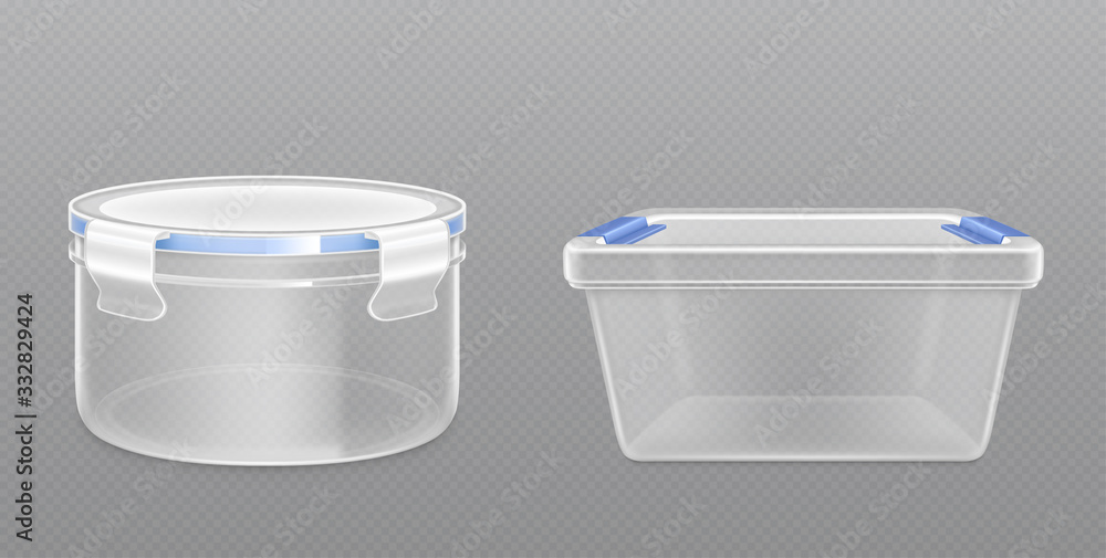 Poster empty clear package box closed by lid. vector realistic mockup plastic container, kitchen bucket for