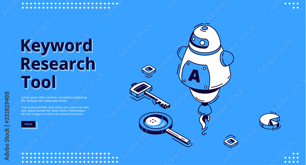 Poster keyword research tool banner with isometric icons on blue background. vector landing page of seo opt