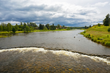 Aerial view of Threshold Staircase on the Msta river on a summer rainy day. Borovichi district,...