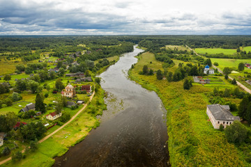 Aerial view on the Msta river on a summer rainy day. Borovichi district, Novgorod region, Russia