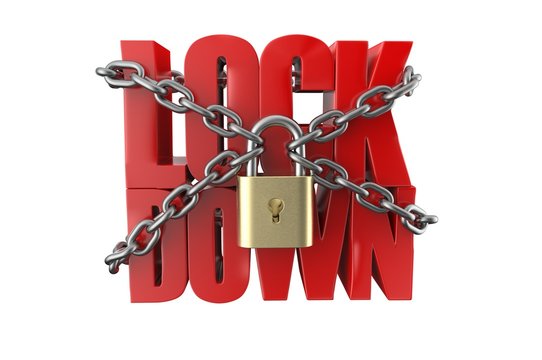 Lock down text with metal chain and lock, 3d render illustration.