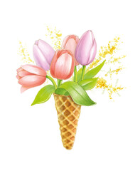 Waffle cone with tulips bouquet. Color illustration with markers