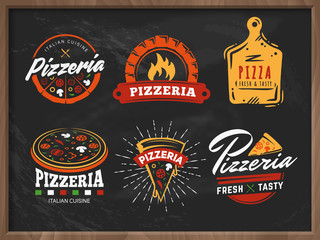 Pizzeria logos. Set of vector badges with pizza, full and slices on vintage chalkboard background. Labels for trattoria, pizzeria, Italian cuisine restaurant of cafe.