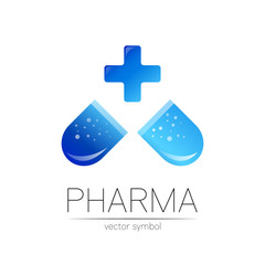Pharmacy vector symbol with blue cross for pharmacist, pharma store, doctor and medicine. Modern design vector logo on white background. Pharmaceutical icon logotype tablet pill capsule. Health