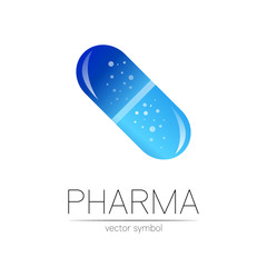 Pharmacy vector symbol for pharmacist, pharma store, doctor and medicine. Modern design vector logo on white background. Pharmaceutical blue icon logotype tablet pill capsule. People health industry