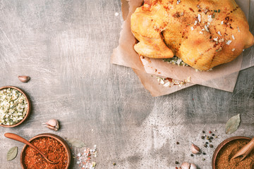 Cooking preparation of raw chicken with ingredients, spices, herbs, sauce and cooking spoon on grey concrete background. Top view. Copy space. Cooking ingredients frame