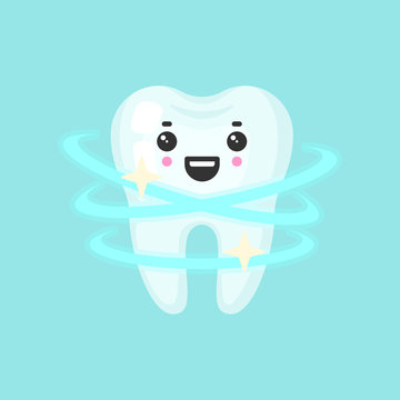 Shiny clean tooth with emotional face, cute colorful vector icon illustration. Cartoon flat isolated image