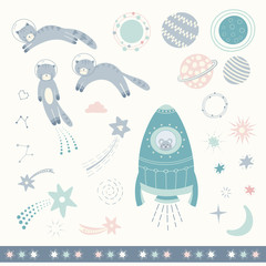 Space cat and space vector icon set. Cute clip art illustrations ideal for child and baby projects.