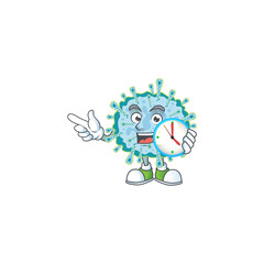 cartoon character style of cheerful coronavirus illness with clock