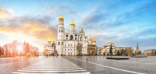 Panorama of Cathedral square Kremlin, Moscow, Russia. Assumption Cathedral, the Church of Twelve...