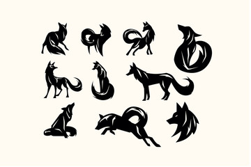 pack of silhouette  fox vector. modern template illustration