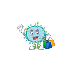 Smiley rich coronavirus illness mascot design with Shopping bag