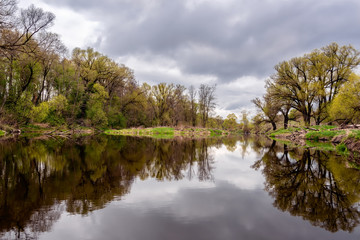 Fototapeta na wymiar Tranquility scene with quit forest river under cloudy sky at early springtime