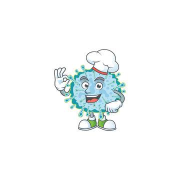 A picture of coronavirus illness cartoon character wearing white chef hat