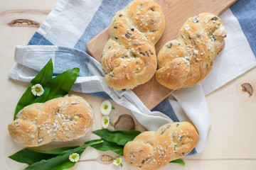 home made bread rolls with wild garlic