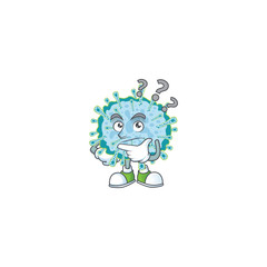 Cute coronavirus illness cartoon character using a microphone