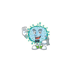 A character of coronavirus illness waiter working in the restaurant