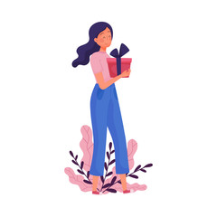 Young Smiling Dark-haired Girl Carrying Gift Box for Birthday Party Vector Illustration