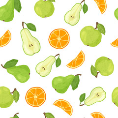 Textured fruit seamless pattern white background - apple, orange and green pear. Healthy diet vegan organic food with hand made textures. Paper cut effected flat vector objects