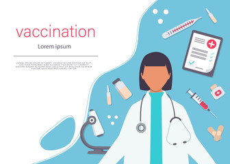 Time to vaccinate. Landing page template. Modern flat concept for web design. Vector illustration syringe with vaccine, bottle, virus, vaccination calendar and doctor