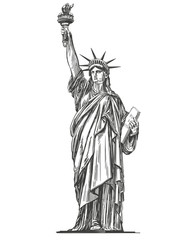 statue of liberty, symbol of freedom and democracy in the United States of America, architectural landmark hand drawn vector illustration sketch isolated on a white background