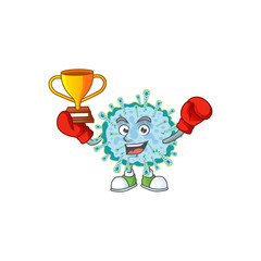 Happy face of boxing winner coronavirus illness in mascot design style