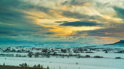 Sunset over the snowy mountains