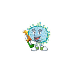 mascot cartoon design of coronavirus illness with bottle of beer