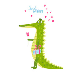 Greeting card with a cute crocodile. It has a tulip flower and a gift box. It's smiling. Best wishes hand drawn lettering. Vector illustration isolated on white background.