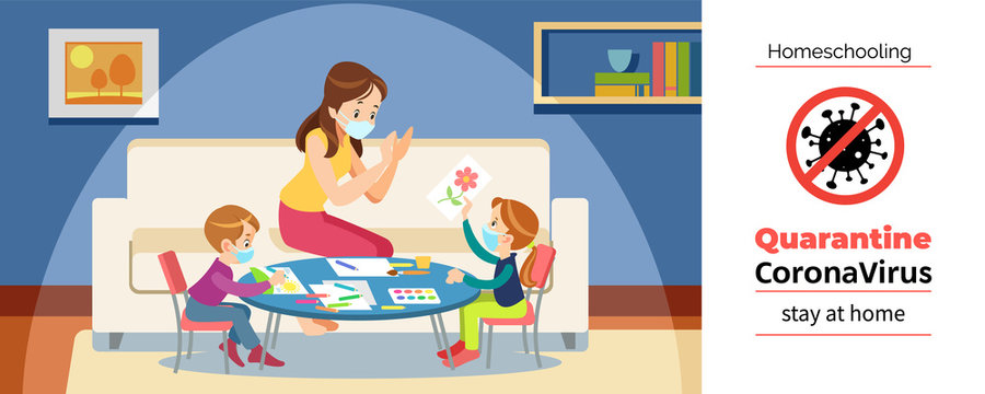 Coronavirus. Stay at home. Homeschooling. Mother and children paint in the game room, wearing a protective mask during self-quarantine of the coronavirus. Cartoon vector illustration.