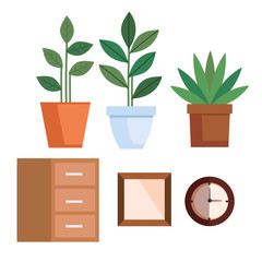 pot plants with wooden shelving and clock time vector illustration design