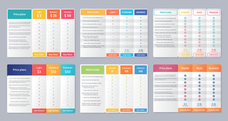 Table price template. Vector. Comparison plan chart. Set pricing data grid with 3 columns. Checklist compare tariff banner for purchases, business, web services. Color illustration. Flat simple design