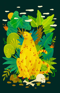 Leopard Illustration, Jungle Painting, Exotic Plants