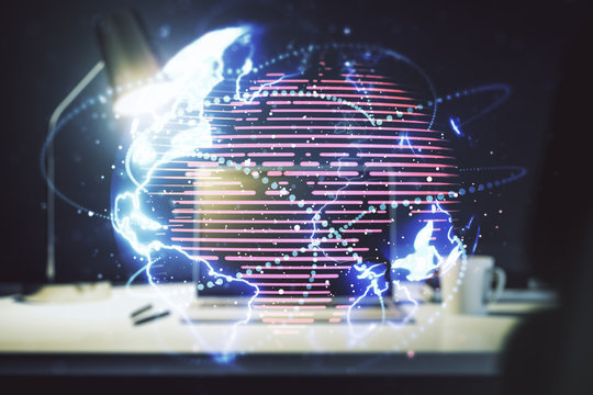 Double exposure of abstract digital world map with connections on computer background, big data and blockchain concept