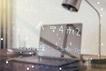 Creative scientific formula hologram on modern laptop background, research concept. Multiexposure