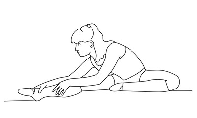 Girl doing stretching exercises. Sports. Line drawing vector illustration.