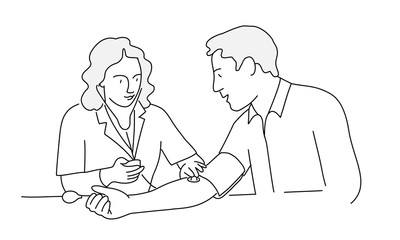Female doctor measuring blood pressure to patient. Line drawing vector illustration.