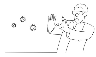 Line drawing vector illustration of doctor over afraid and terrified with fear expression stop gesture with hands, shouting in shock. Panic concept.