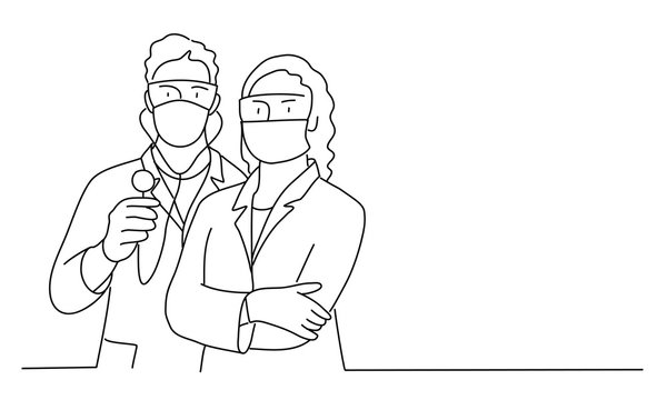 Line drawing vector illustration of male and female doctors with a masks.