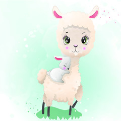 Cute baby llama in watercolor style