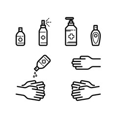 Hand sanitizer and hand washing icon in line art