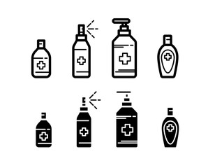 Hand sanitizer icon in line art, outline and glyph style isolated