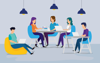 scene of coworking with people in workplace vector illustration design
