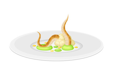 Haute Cuisine with Meticulous Seafood Preparation and Serving on Plate with Fancy Garnish Vector Illustration