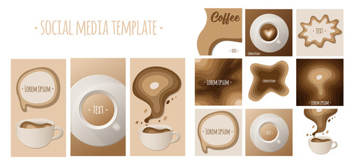 Promotion web banners, backgrounds for social media mobile apps with coffee in paper cut style. Editable templates for social networks stories and posts. Social media pack. Vector stock illustration.